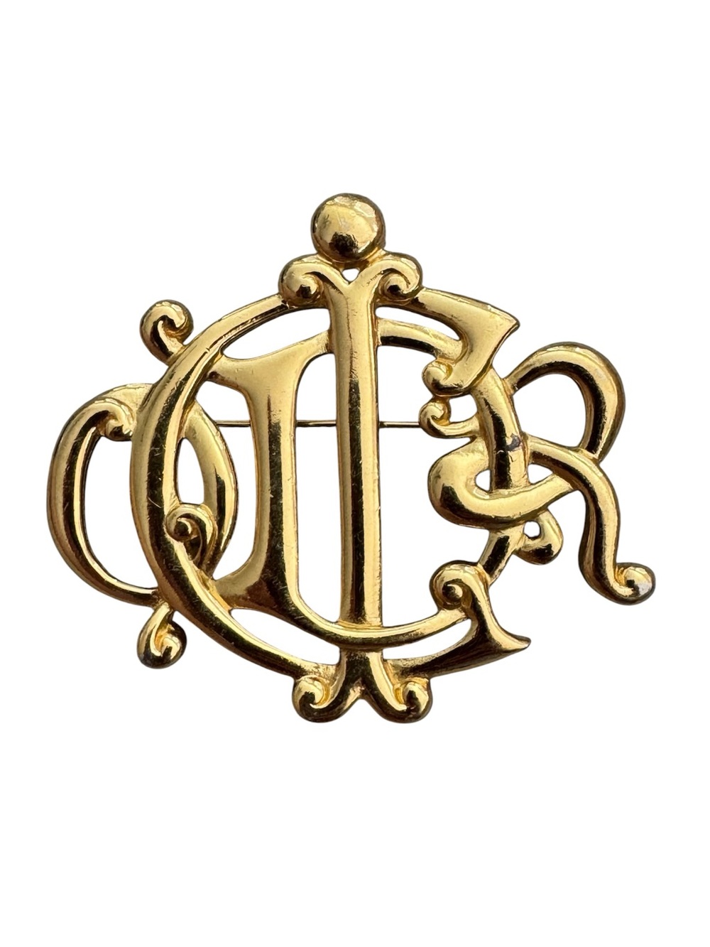 Vintage Christian Dior Logo Brooch Gold Plated Monogram Interlocking Pin Germany